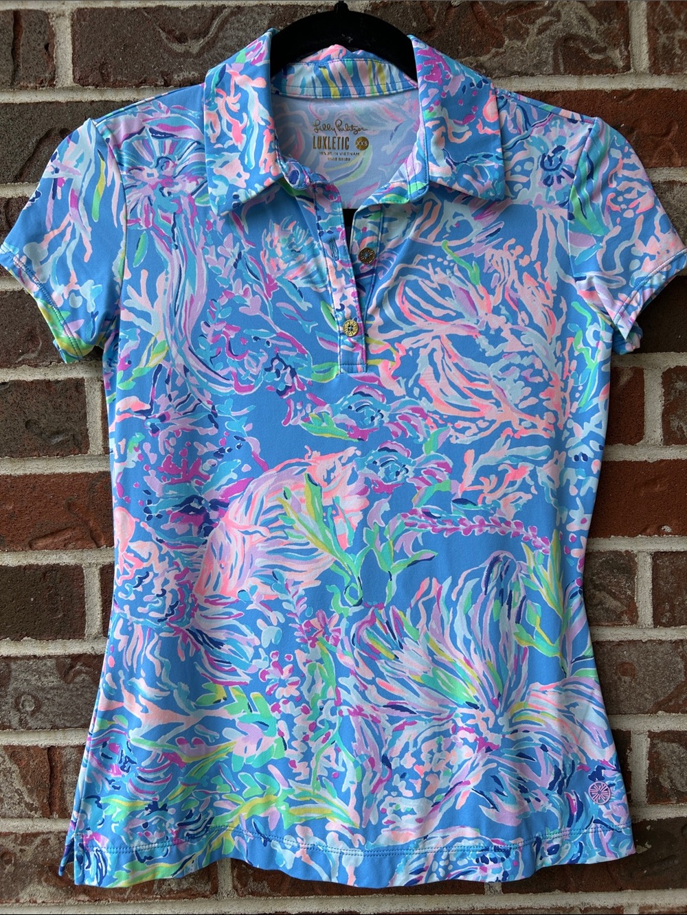 Lilly Pulitzer LUXLETIC Blue Pink Multicolor Printed Polo Top